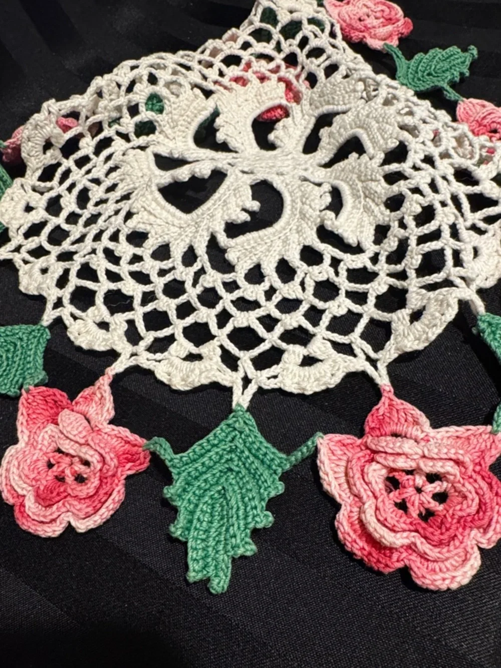Handmade Irish Rose Crochet Doily with Multi-toned Pink Roses and Greenery